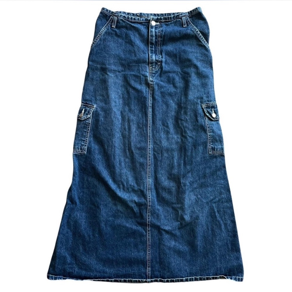 VINTAGE 90s Women’s  Indie Grunge Streetwear Denim Cargo Maxi Skirt Sz 11/12